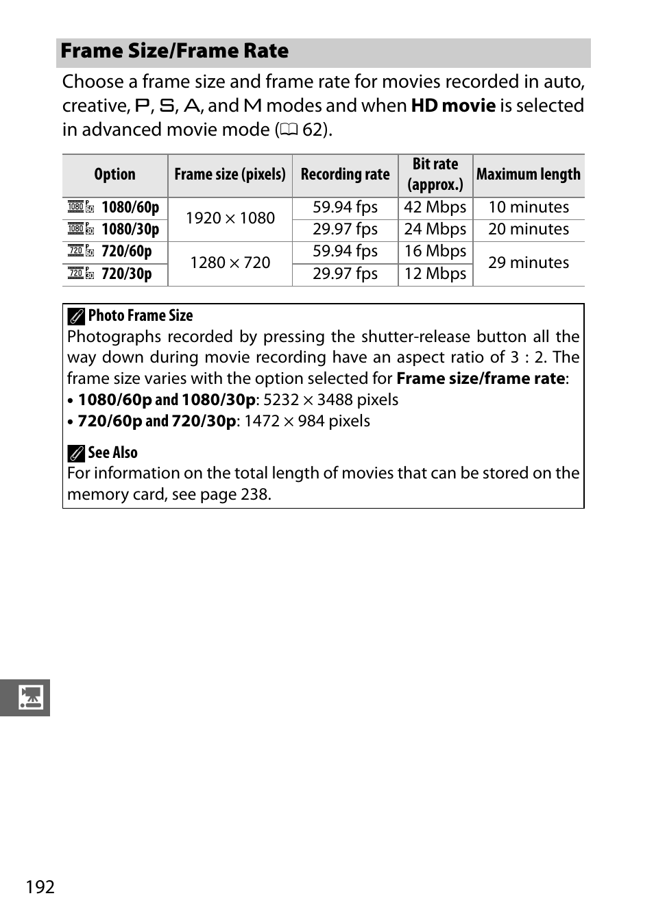 Frame size/frame rate, 0 192), the | Nikon V3 User Manual | Page 216 / 296