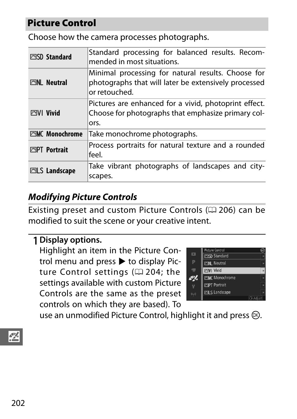 Picture control, Modifying picture controls | Nikon V3 User Manual | Page 226 / 296