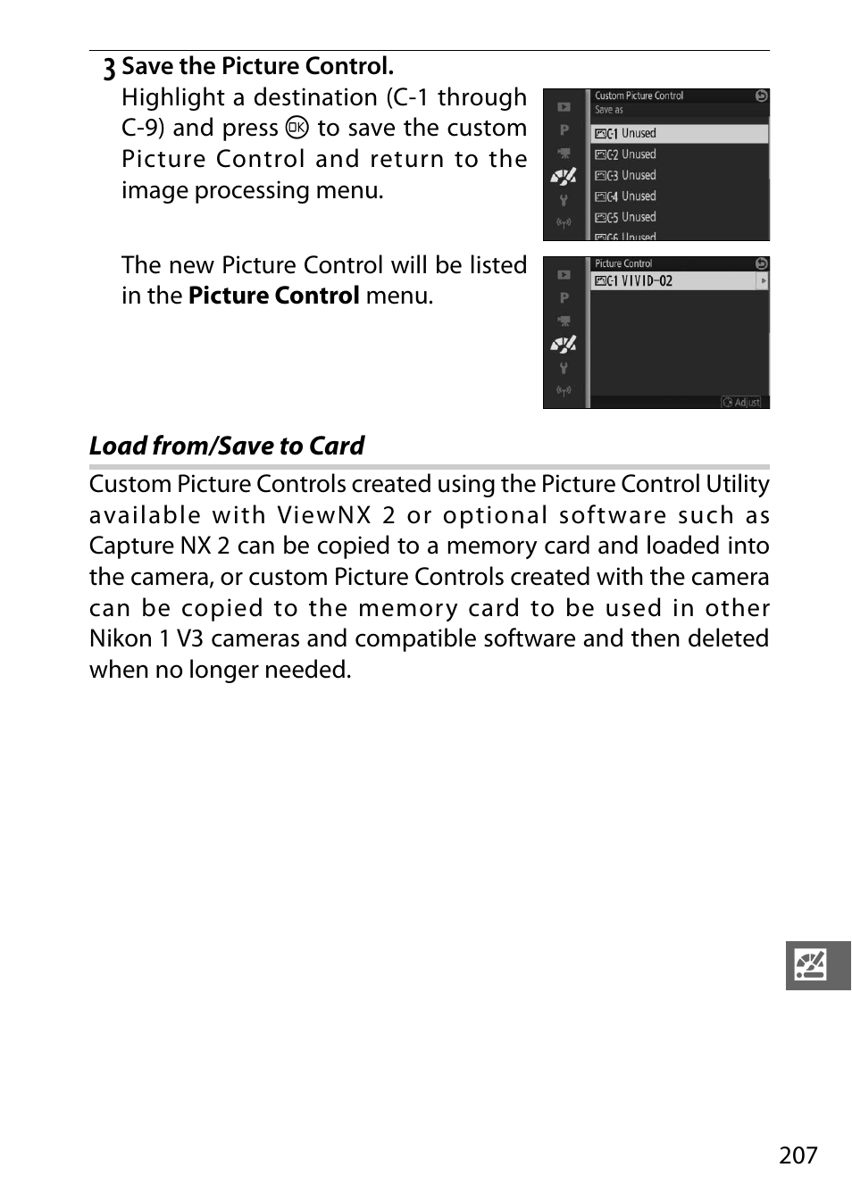 Load from/save to card | Nikon V3 User Manual | Page 231 / 296