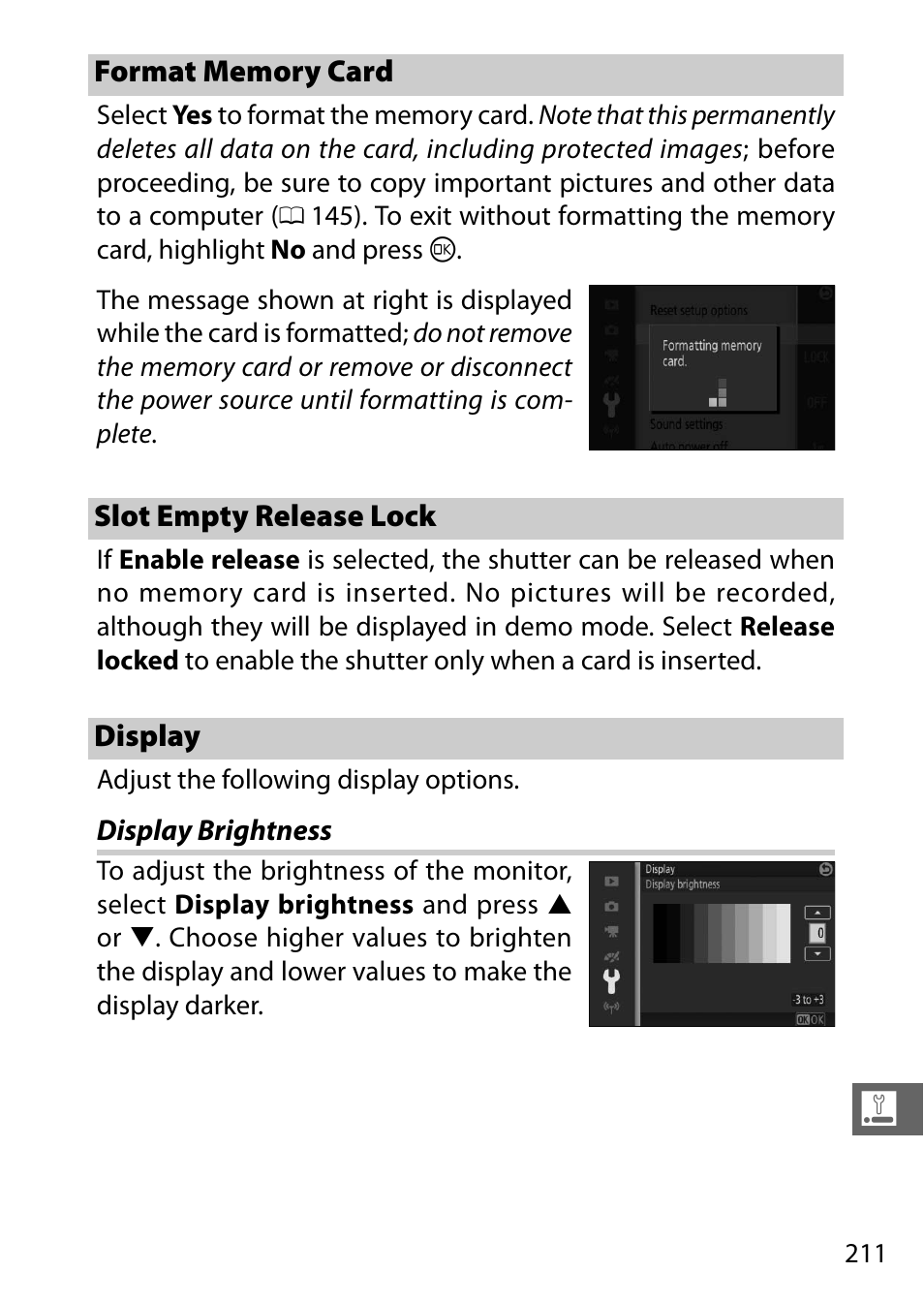 Format memory card, Slot empty release lock, Display | Display brightness | Nikon V3 User Manual | Page 235 / 296