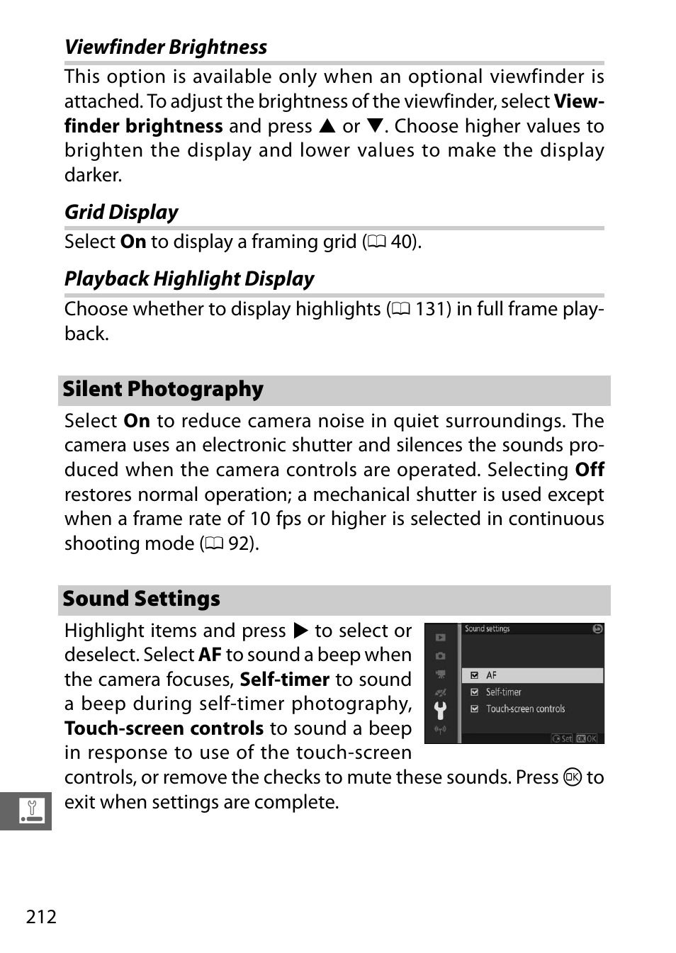 Viewfinder brightness, Grid display, Playback highlight display | Silent photography, Sound settings, 212 f, Menu, 0 212), or, 0 212). an, Option in the setup menu | Nikon V3 User Manual | Page 236 / 296