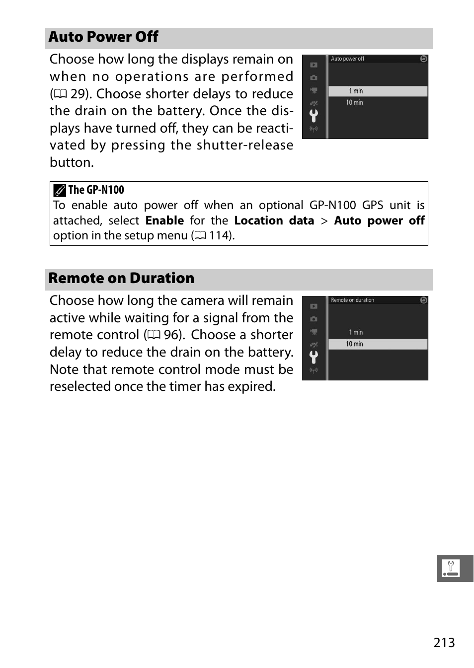 Auto power off, Remote on duration | Nikon V3 User Manual | Page 237 / 296