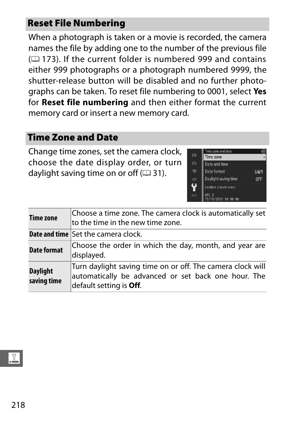 Reset file numbering, Time zone and date, 0 218) o | Nikon V3 User Manual | Page 242 / 296