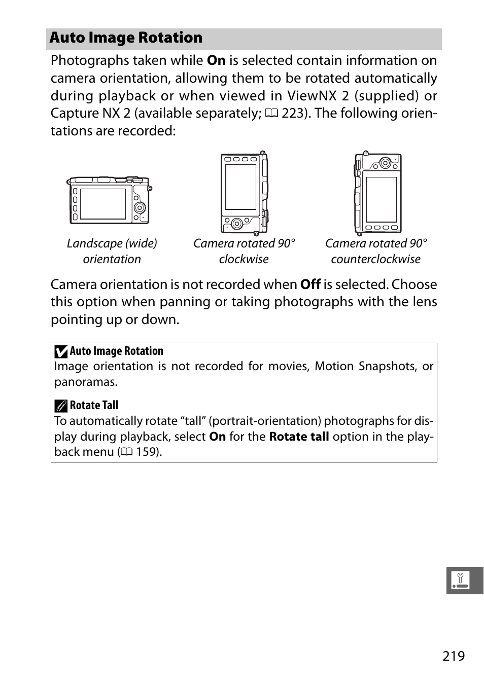 Auto image rotation, 0 219) will | Nikon V3 User Manual | Page 243 / 296