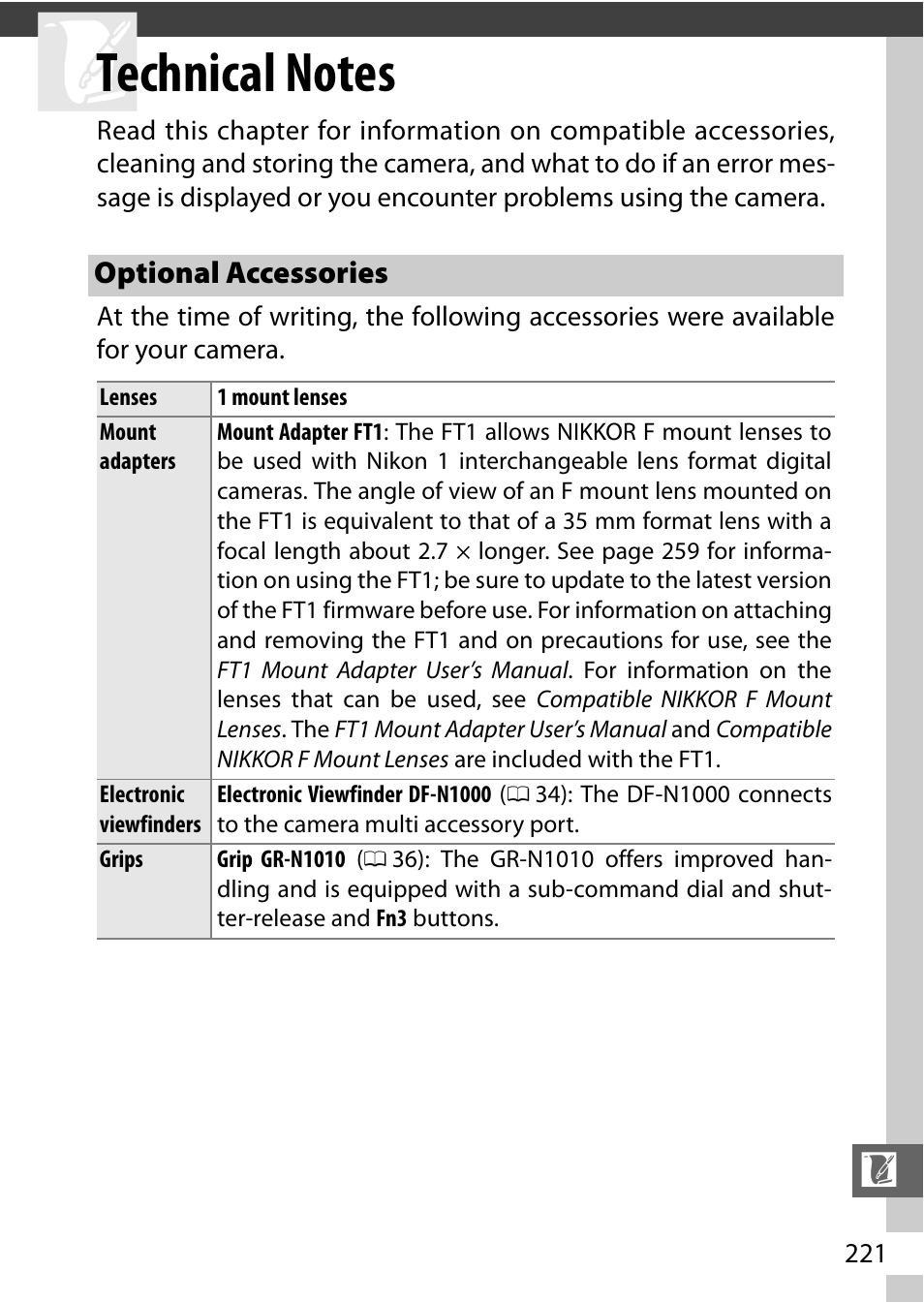 Technical notes, Optional accessories | Nikon V3 User Manual | Page 245 / 296