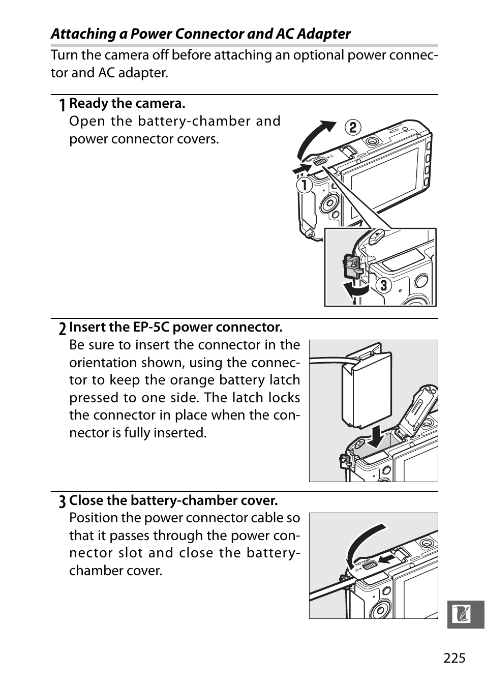 Attaching a power connector and ac adapter, 225 f | Nikon V3 User Manual | Page 249 / 296