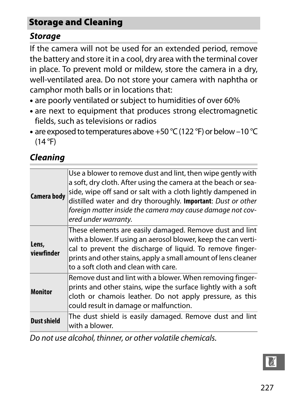 Storage and cleaning, Storage, Cleaning | Nikon V3 User Manual | Page 251 / 296