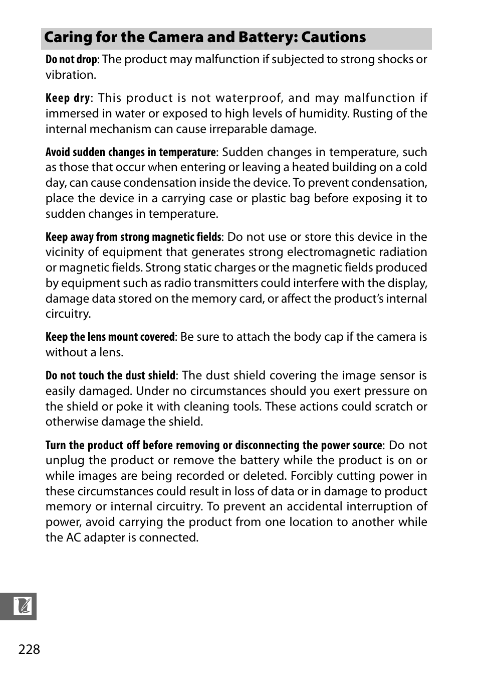 Caring for the camera and battery: cautions | Nikon V3 User Manual | Page 252 / 296