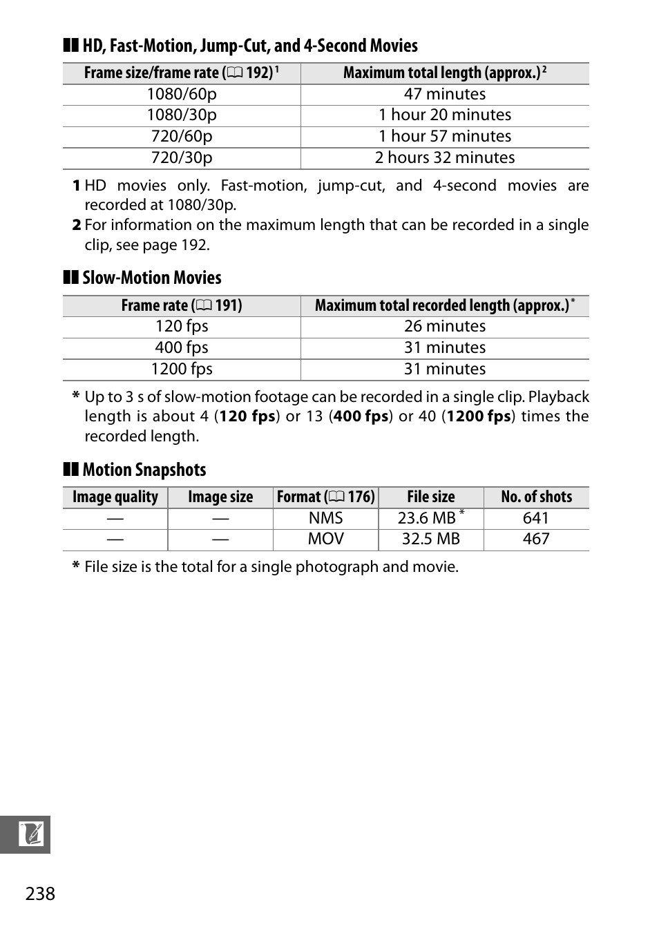 Hd, fast-motion, jump-cut, and 4-second movies, Slow-motion movies, Motion snapshots | Nikon V3 User Manual | Page 262 / 296