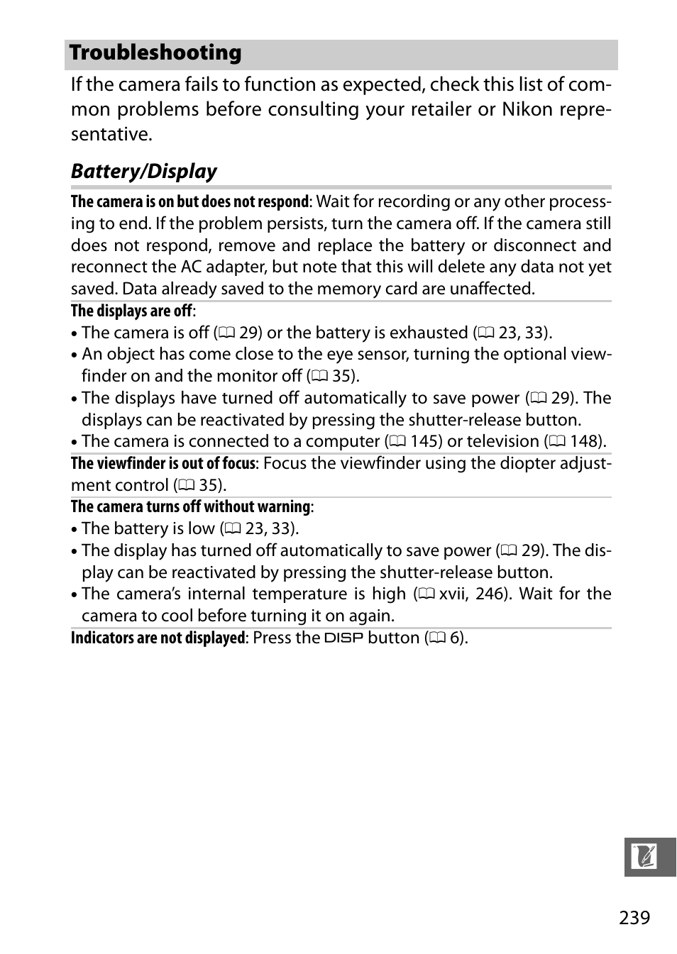 Troubleshooting, Battery/display | Nikon V3 User Manual | Page 263 / 296