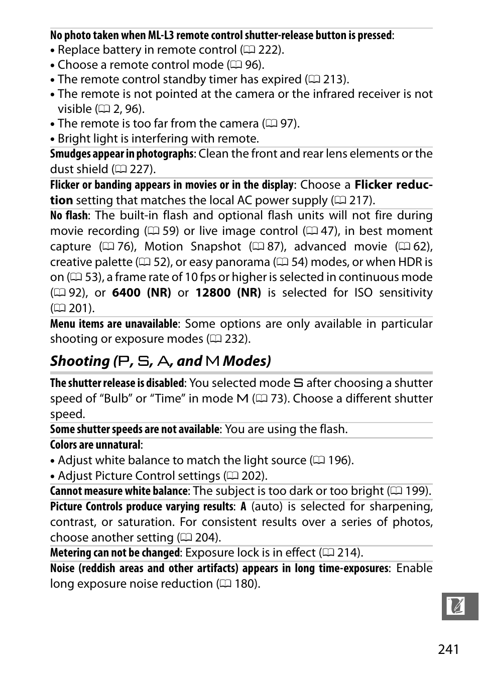 Shooting (p, s, a, and m modes), Shooting ( t , u , v , and w modes) | Nikon V3 User Manual | Page 265 / 296