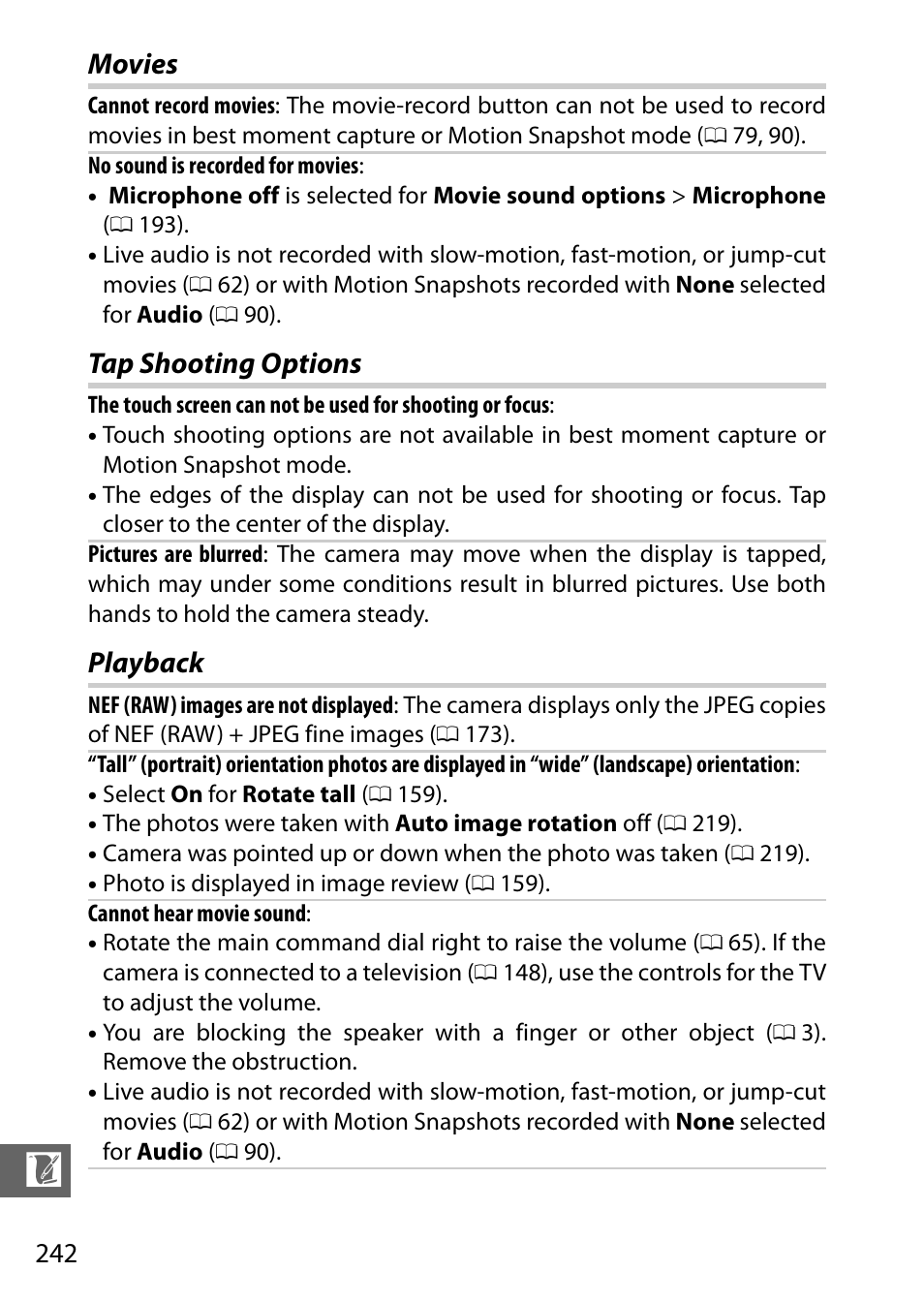 Movies, Tap shooting options, Playback | Movies tap shooting options playback | Nikon V3 User Manual | Page 266 / 296