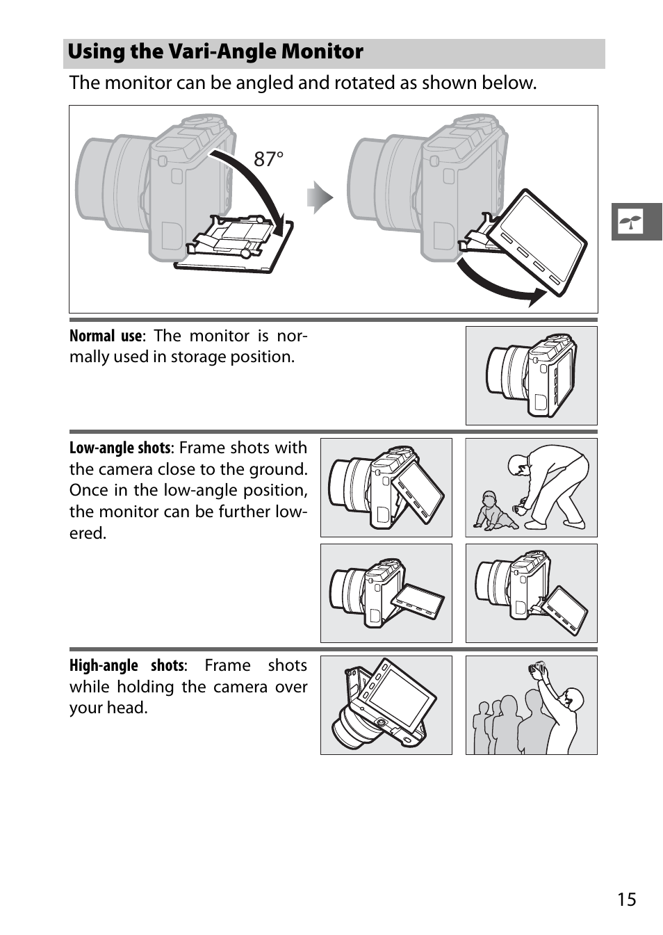 Using the vari-angle monitor | Nikon V3 User Manual | Page 39 / 296