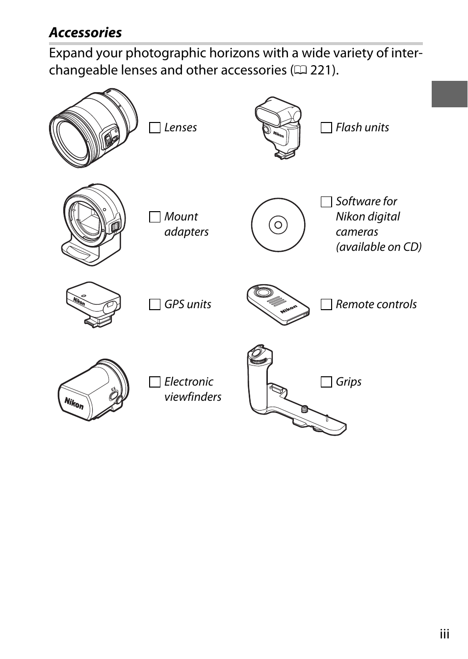 Accessories | Nikon V3 User Manual | Page 5 / 296