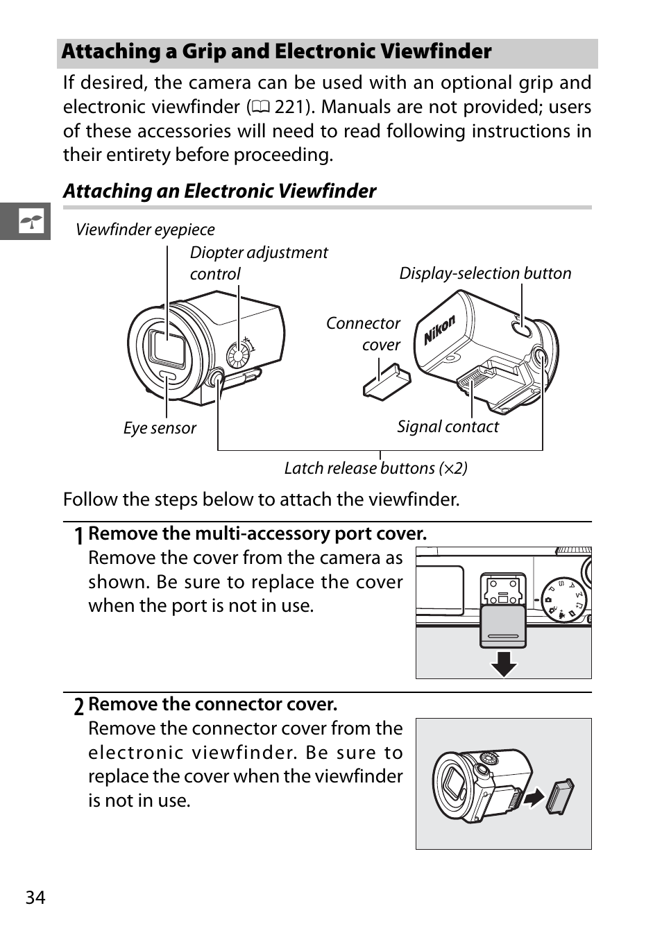 Attaching a grip and electronic viewfinder | Nikon V3 User Manual | Page 58 / 296