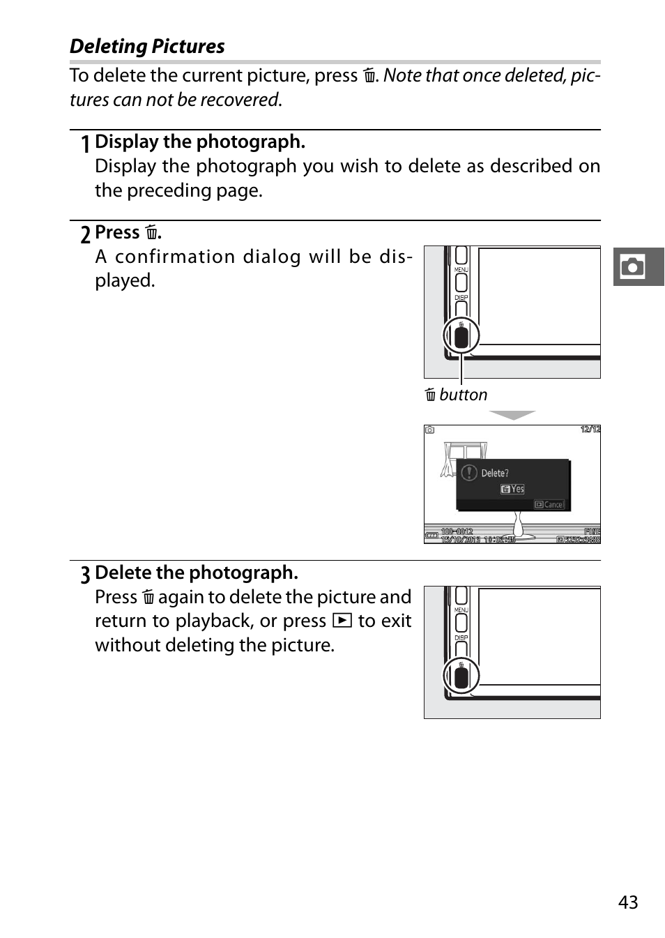 Deleting pictures | Nikon V3 User Manual | Page 67 / 296