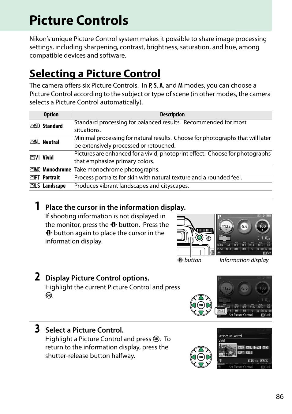 Picture controls, Selecting a picture control | Nikon D5200 User Manual | Page 103 / 264