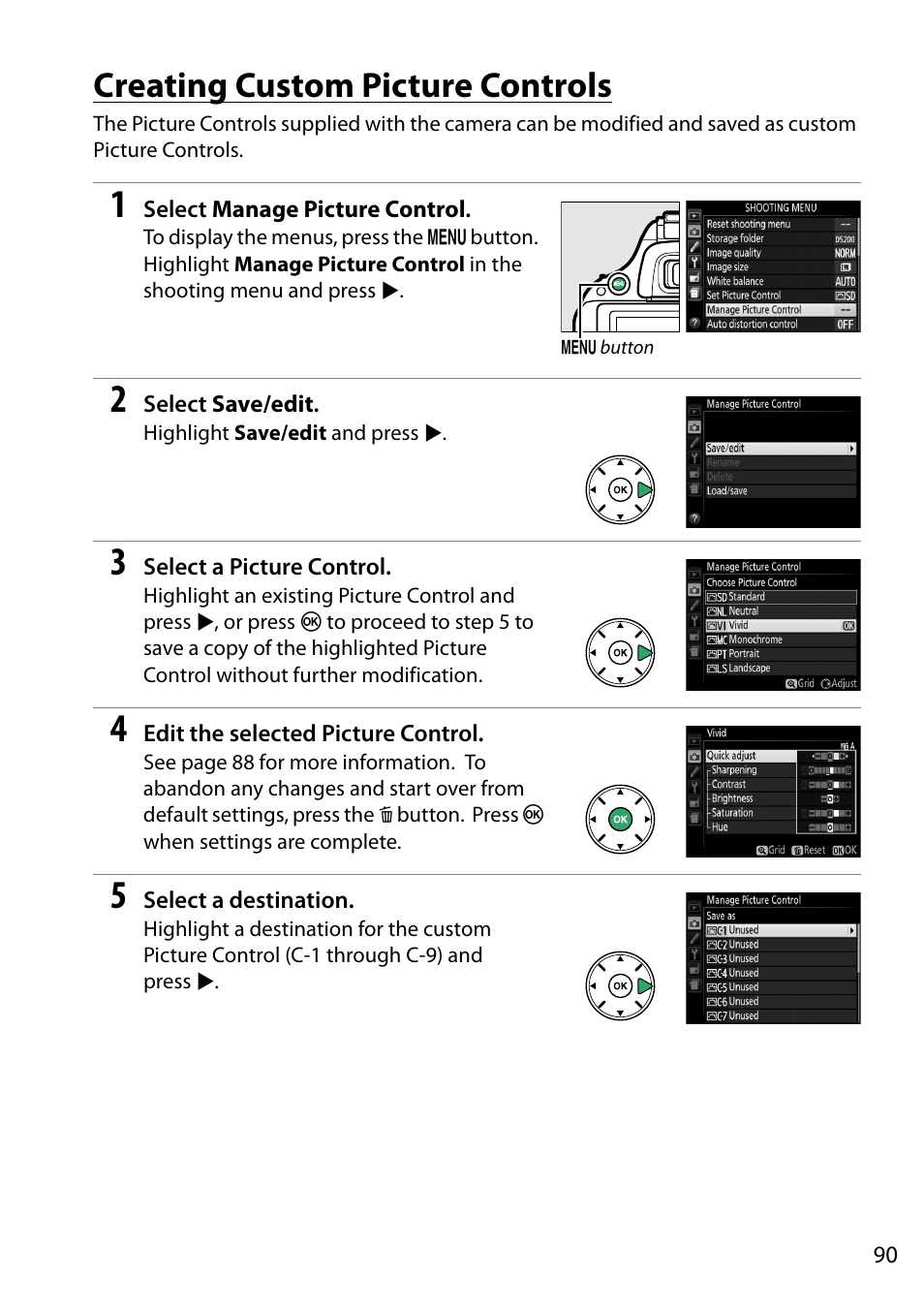 Creating custom picture controls | Nikon D5200 User Manual | Page 107 / 264