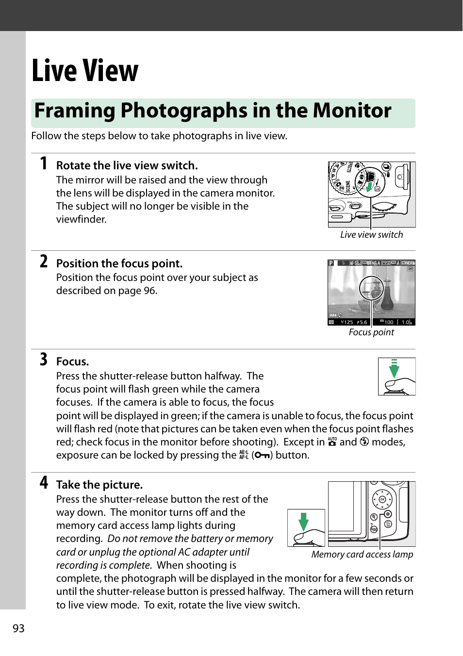 Live view, Framing photographs in the monitor | Nikon D5200 User Manual | Page 110 / 264