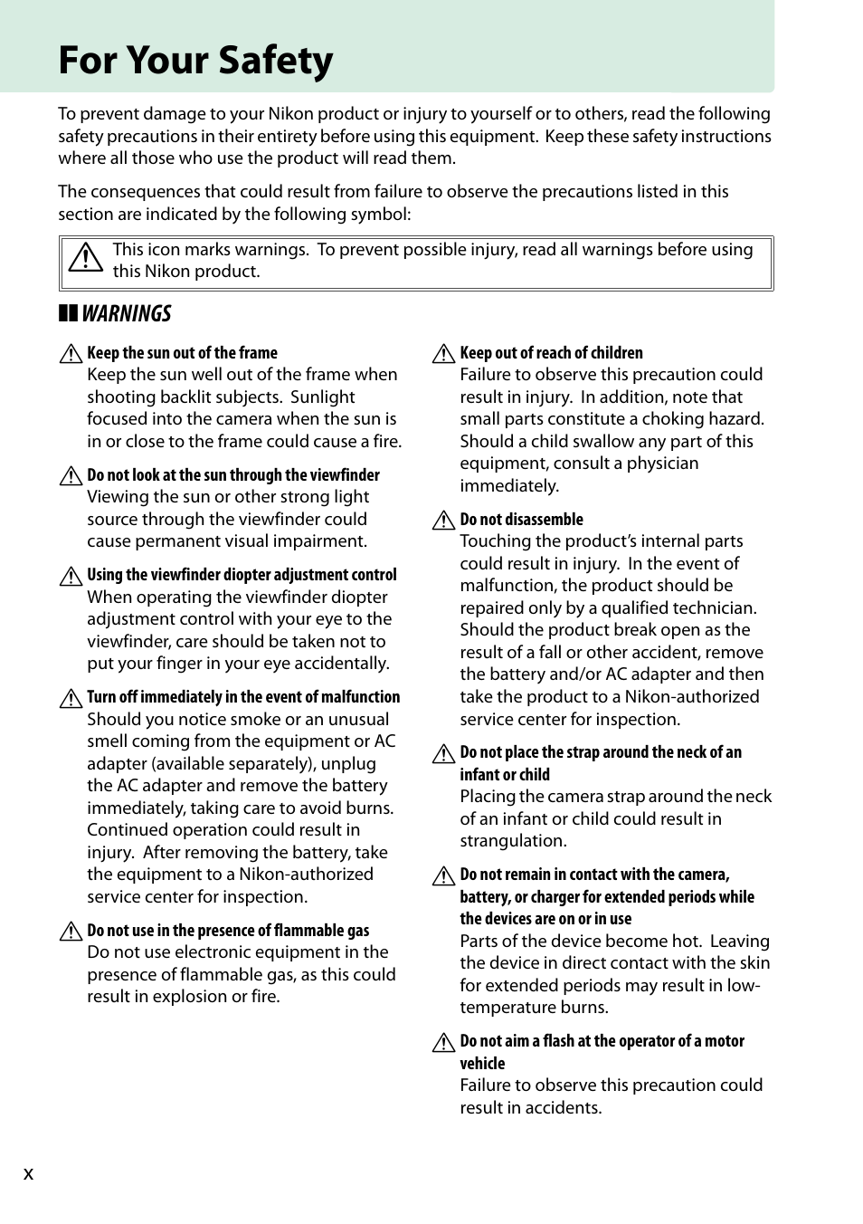 For your safety, 0 x–x, Warnings a | Nikon D5200 User Manual | Page 12 / 264