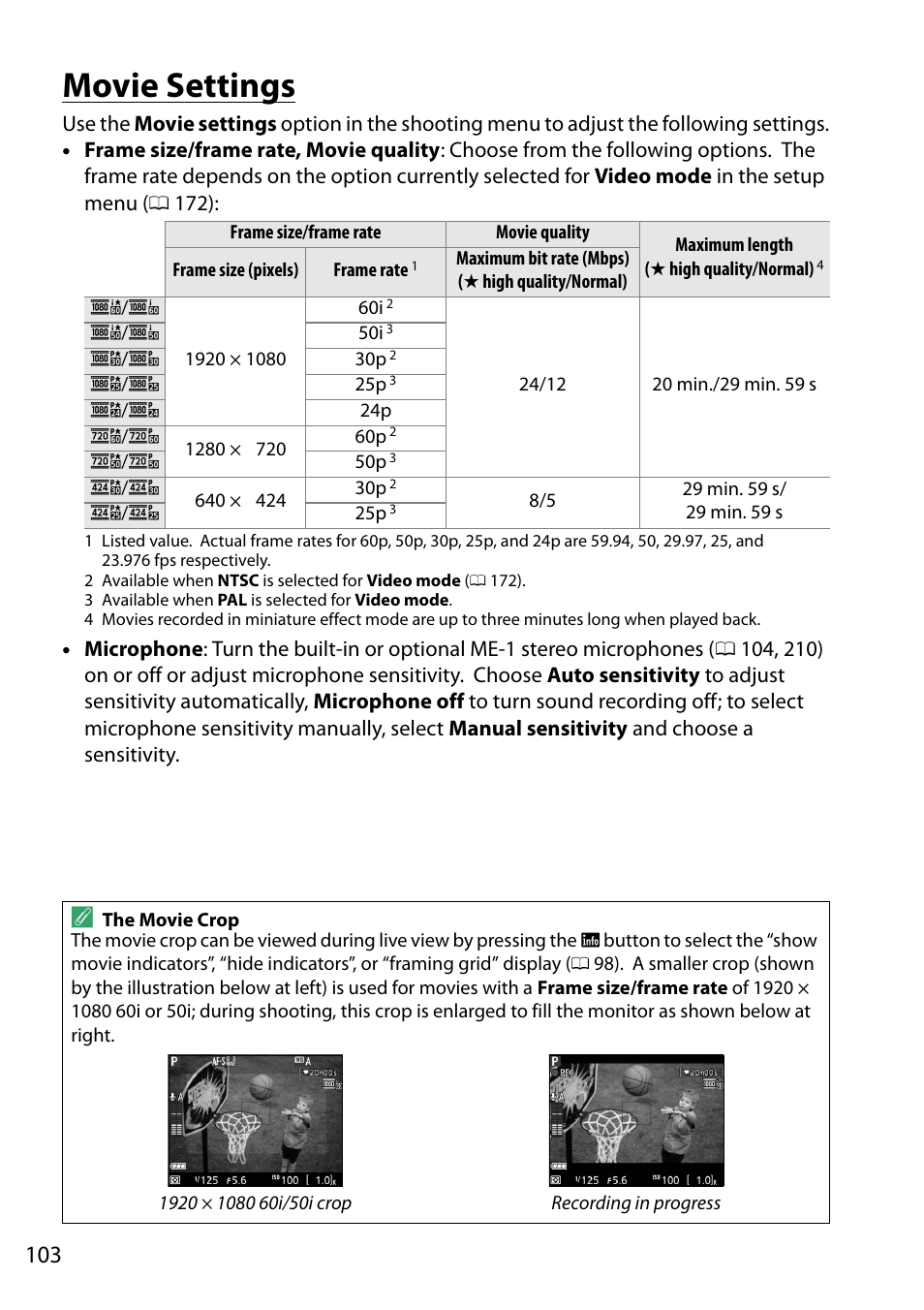 Movie settings, 0 103; the ar, Ge 103 | Nikon D5200 User Manual | Page 120 / 264