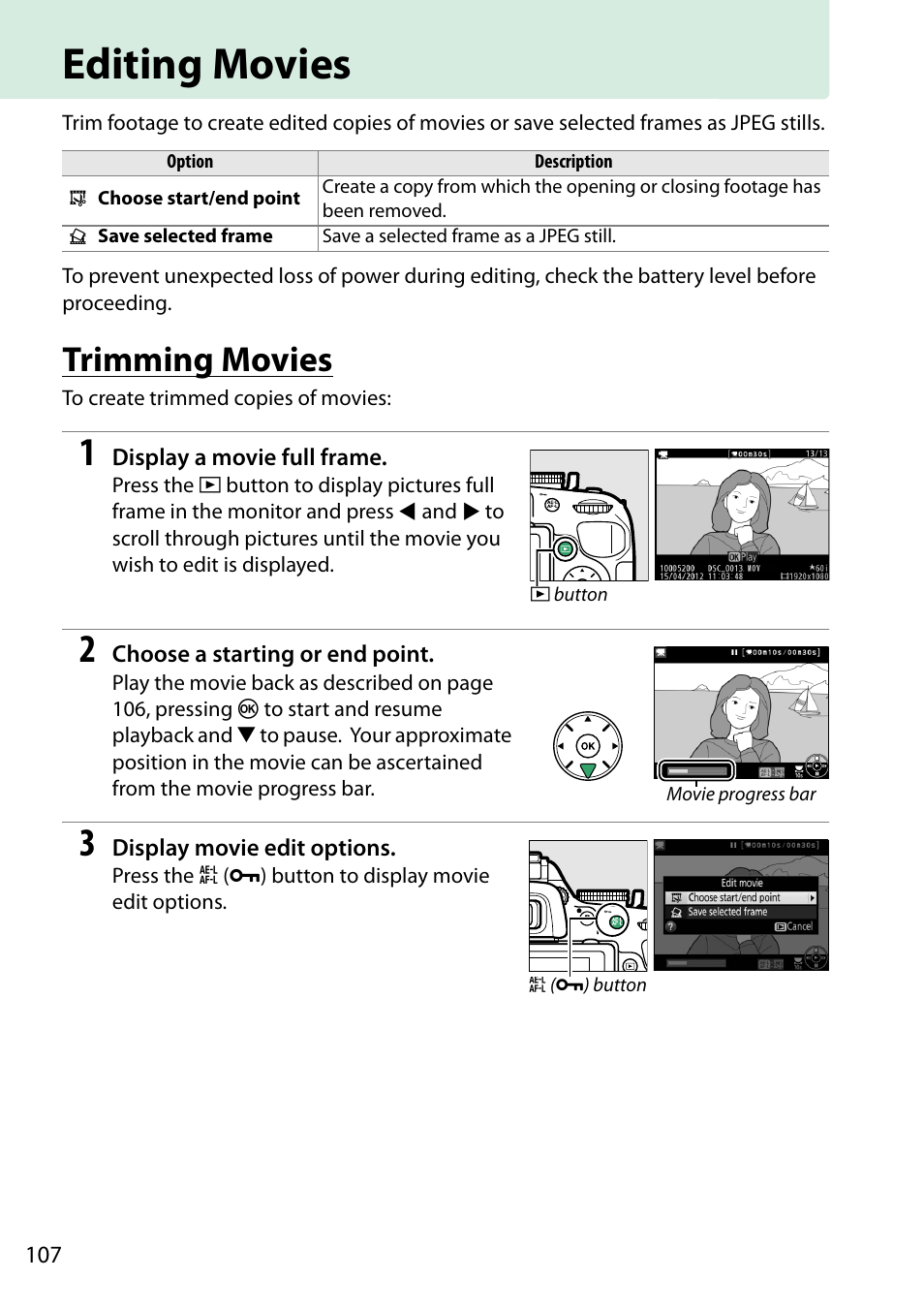 Editing movies, Trimming movies | Nikon D5200 User Manual | Page 124 / 264