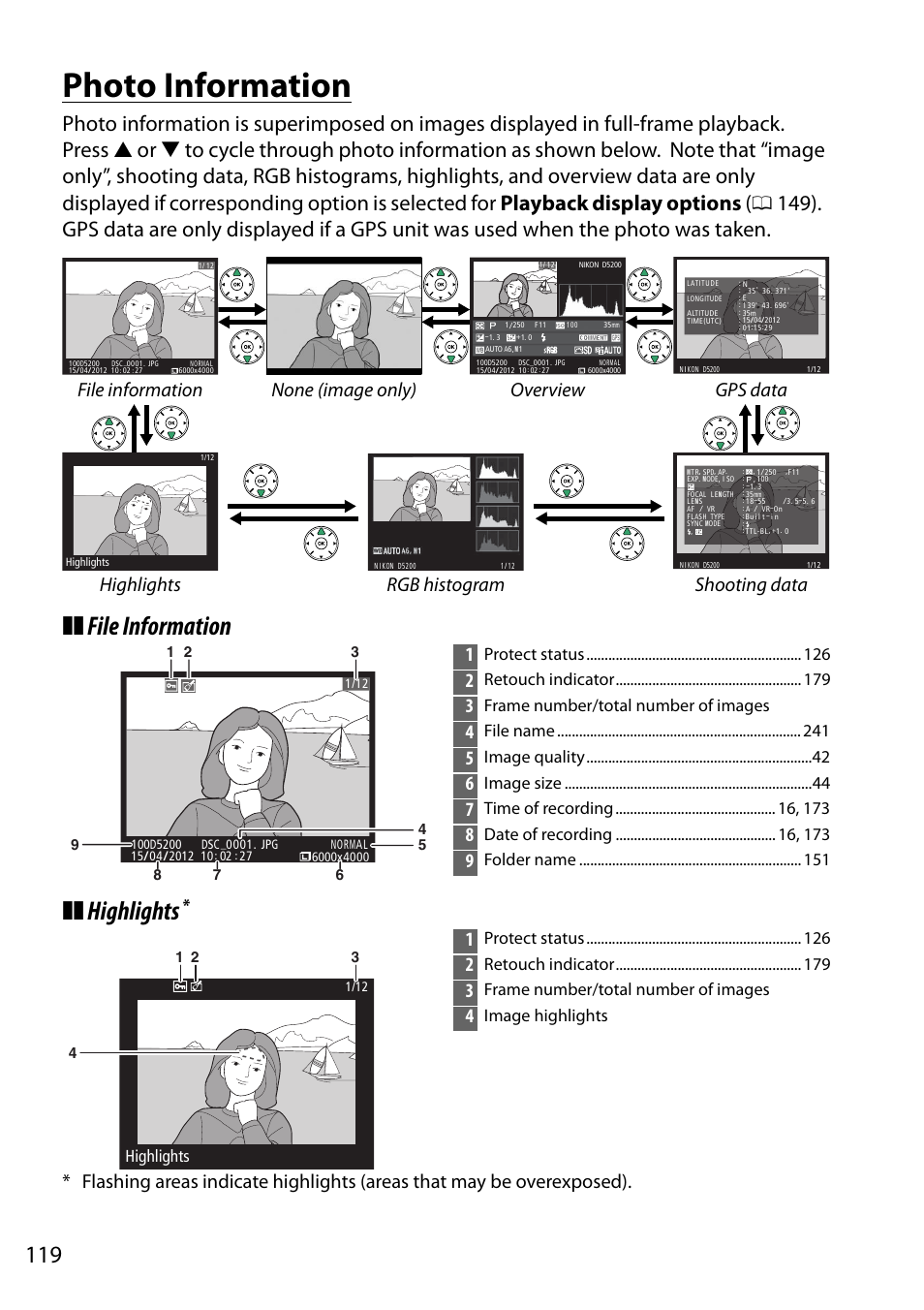 Photo information, File information ❚❚ highlights, Protect status | Retouch indicator, Frame number/total number of images, File name, Image quality, Image size, Time of recording , 173, Date of recording , 173 | Nikon D5200 User Manual | Page 136 / 264