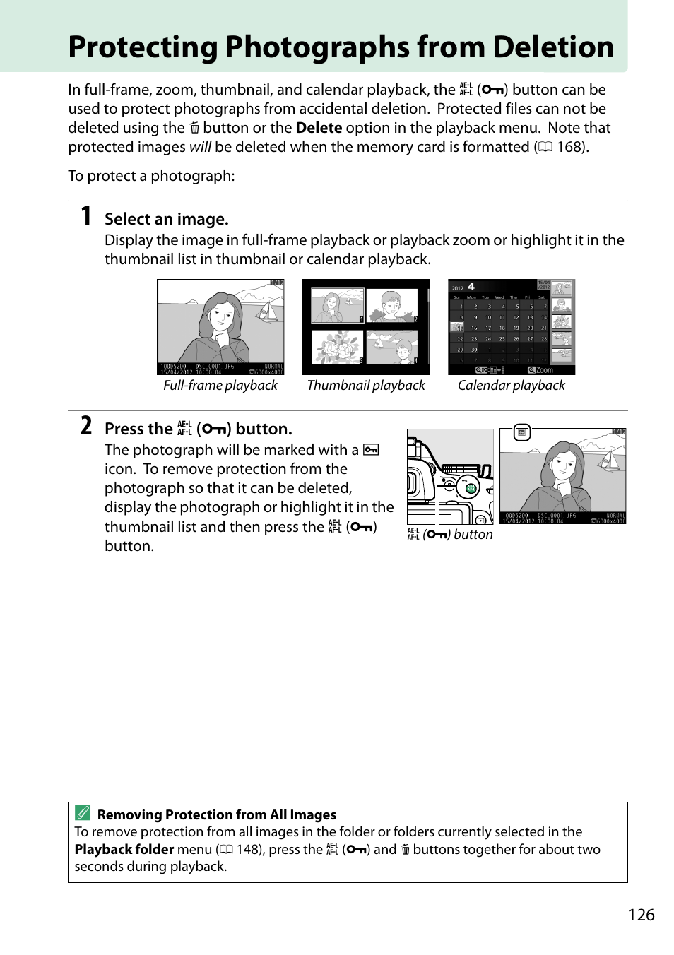 Protecting photographs from deletion, 126 f | Nikon D5200 User Manual | Page 143 / 264