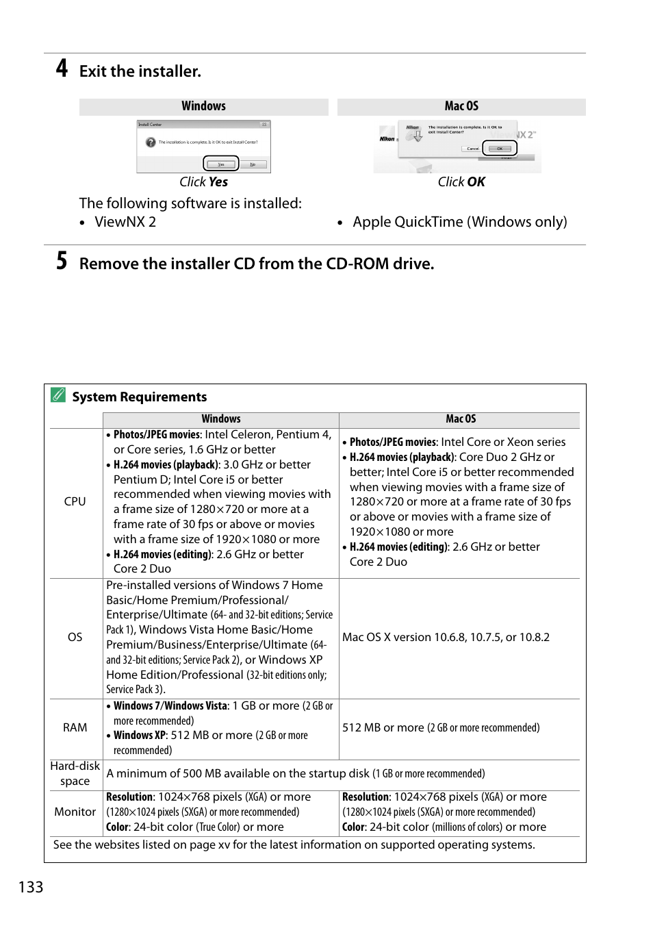 Exit the installer, Remove the installer cd from the cd-rom drive | Nikon D5200 User Manual | Page 150 / 264