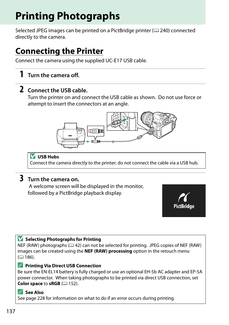 Printing photographs, Connecting the printer | Nikon D5200 User Manual | Page 154 / 264