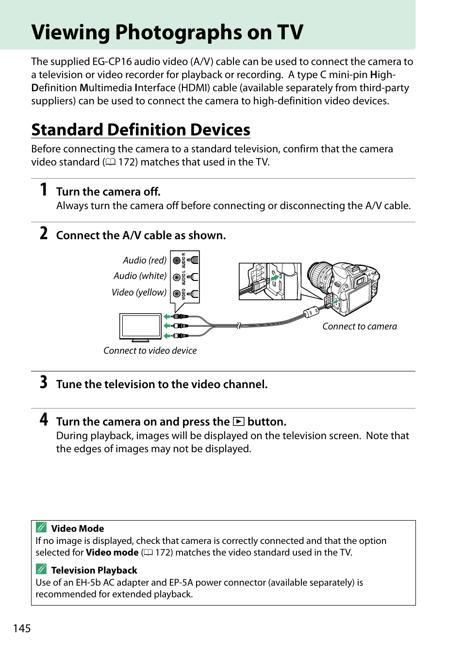 Viewing photographs on tv, Standard definition devices | Nikon D5200 User Manual | Page 162 / 264