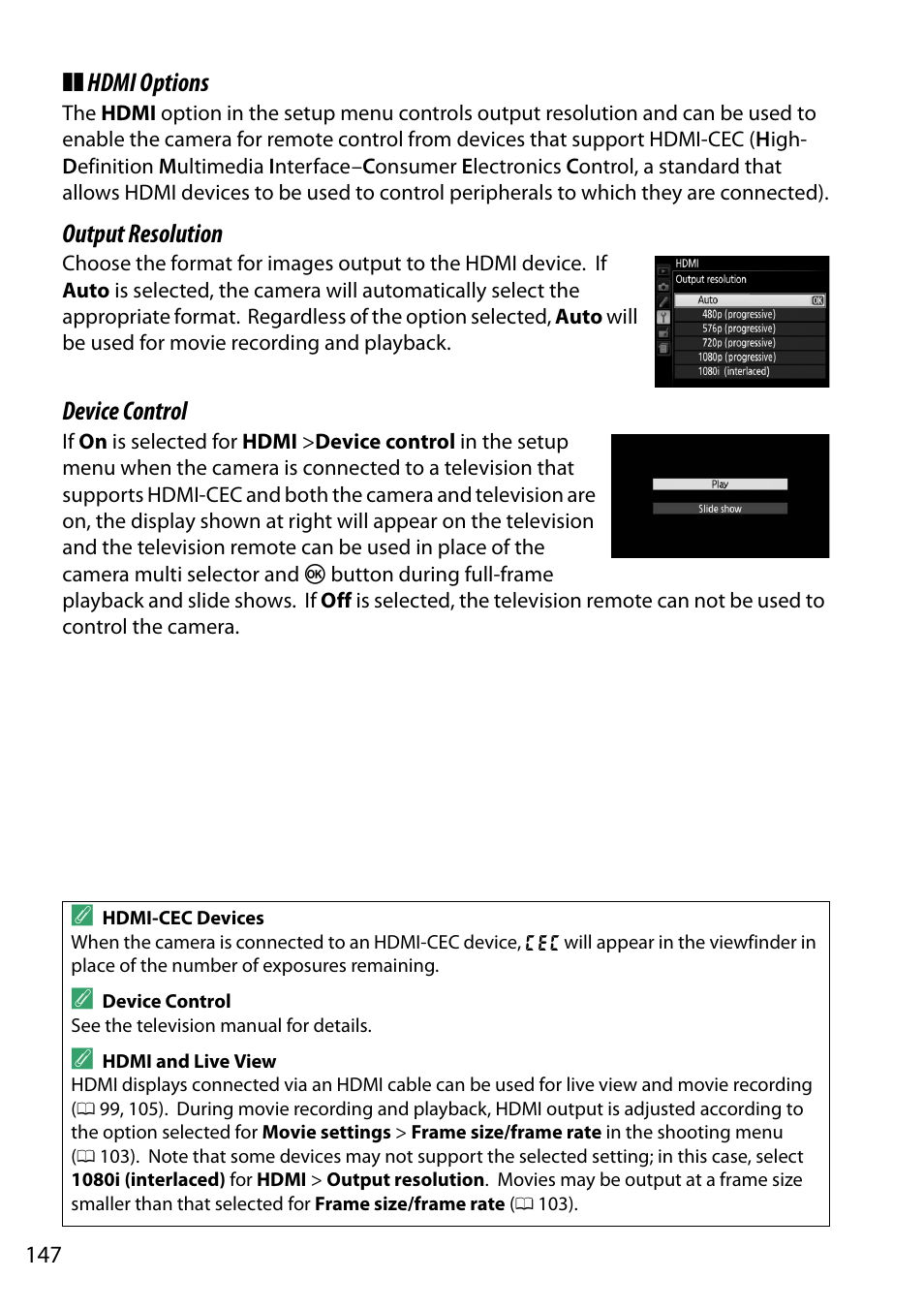 0 147) bef, Hdmi options, Output resolution | Device control | Nikon D5200 User Manual | Page 164 / 264