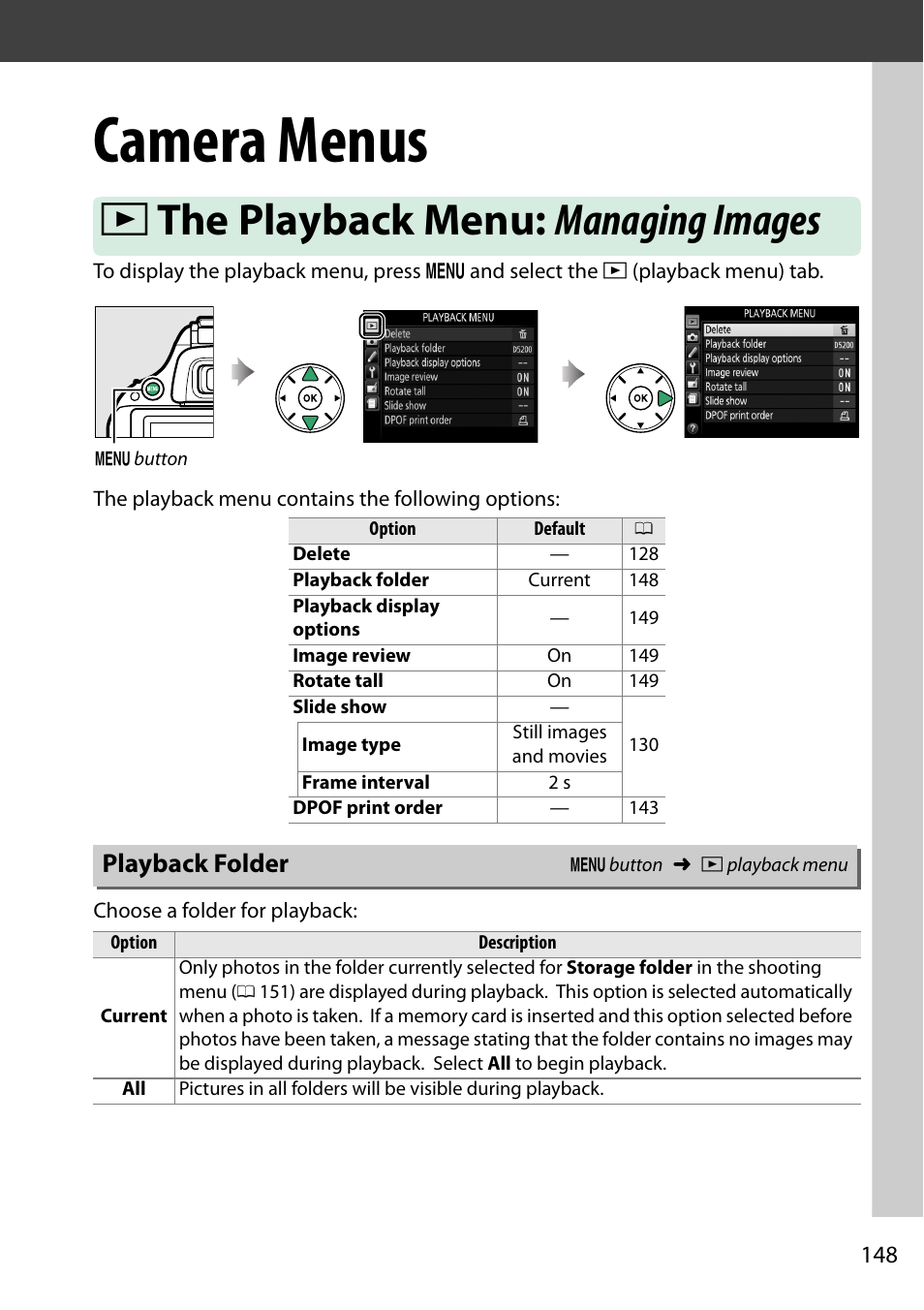 Camera menus, The playback menu: managing images, Playback folder | D the playback menu: managing images | Nikon D5200 User Manual | Page 165 / 264