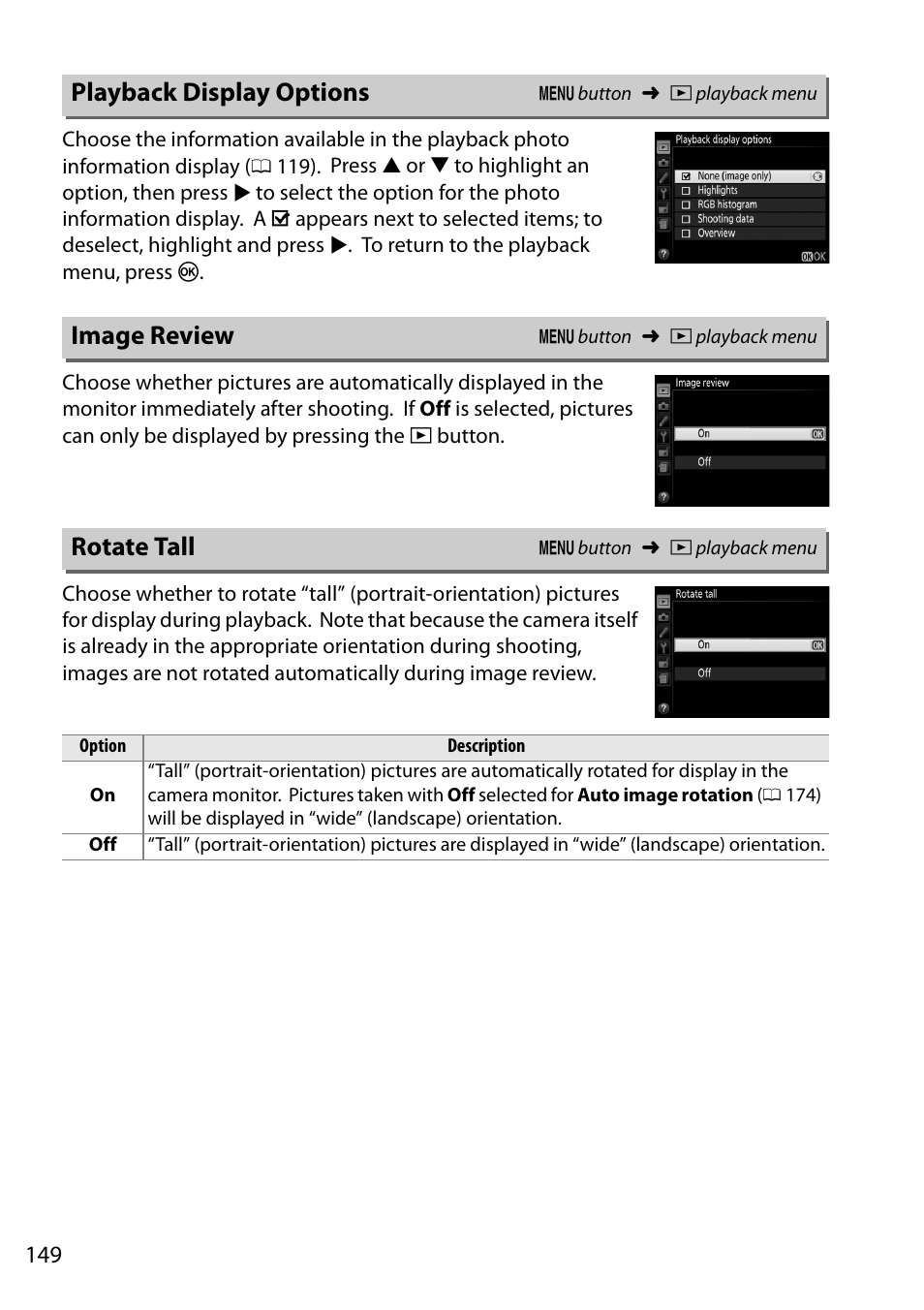 Playback display options, Image review, Rotate tall | Playback display options image review rotate tall | Nikon D5200 User Manual | Page 166 / 264