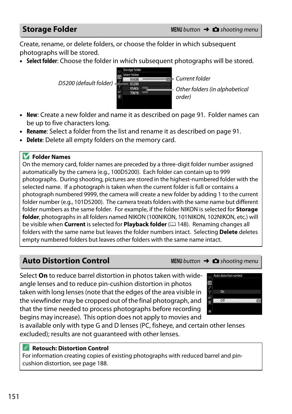 Storage folder, Auto distortion control, Storage folder auto distortion control | Menu, 0 151) ar | Nikon D5200 User Manual | Page 168 / 264