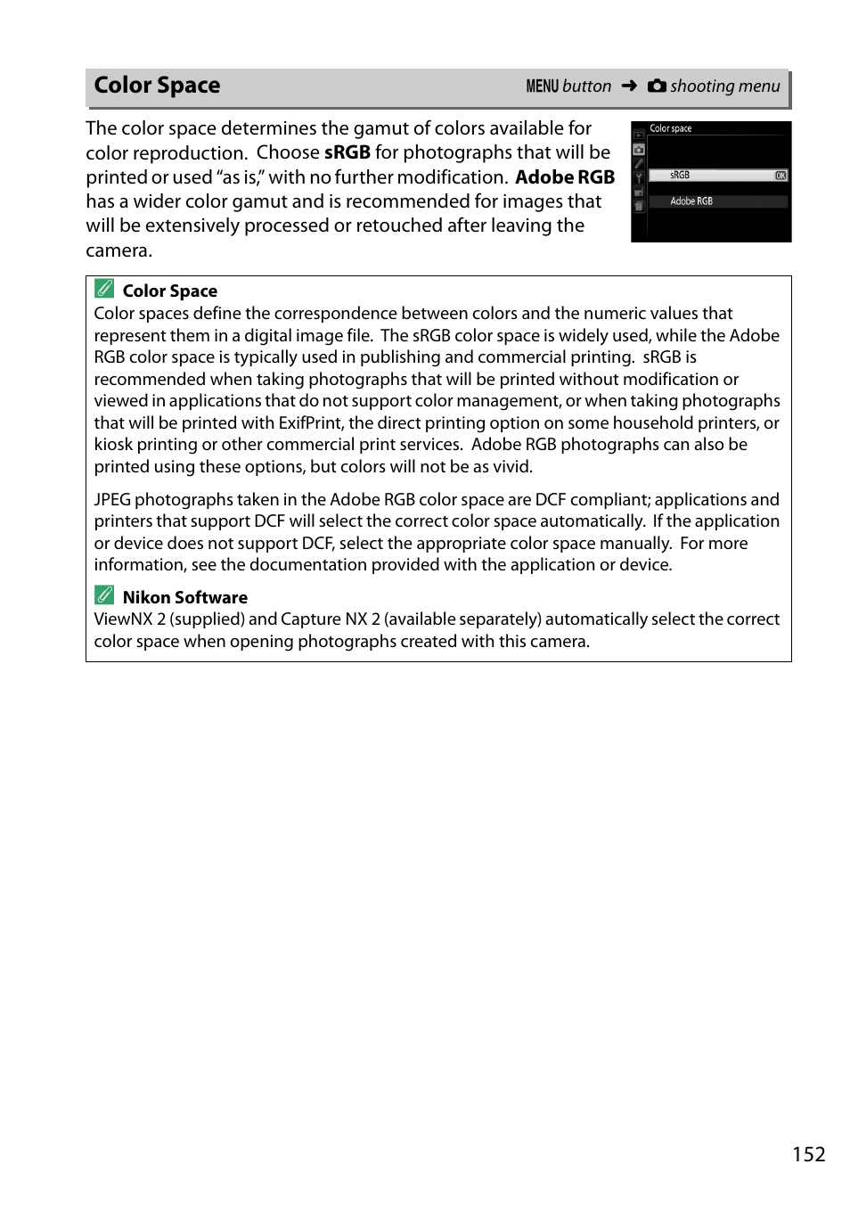 Color space | Nikon D5200 User Manual | Page 169 / 264