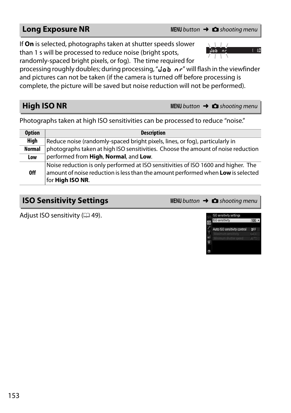 Long exposure nr, High iso nr, Iso sensitivity settings | Nikon D5200 User Manual | Page 170 / 264