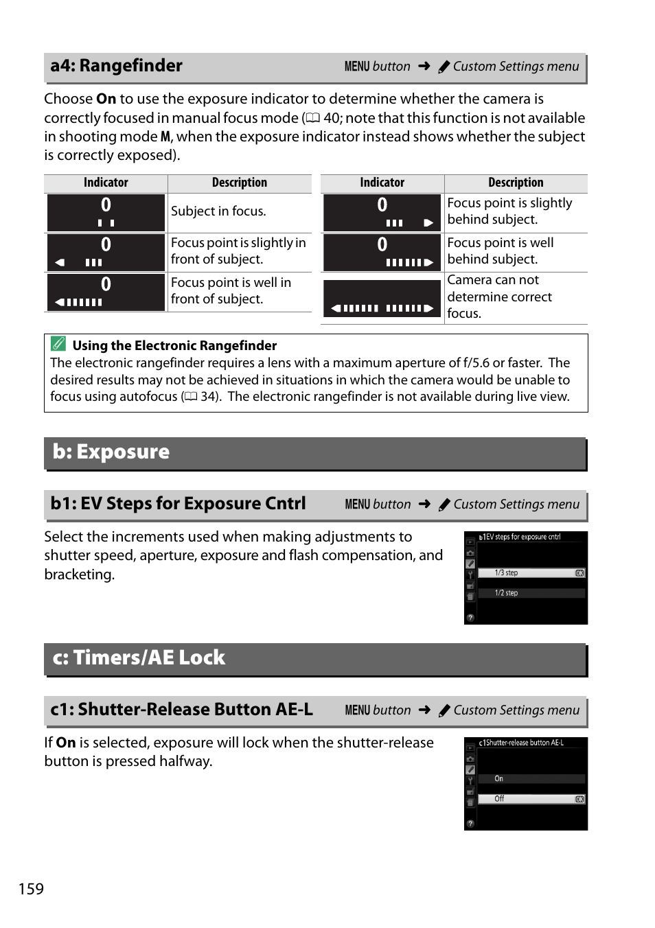 A4: rangefinder, B: exposure, B1: ev steps for exposure cntrl | C: timers/ae lock, C1: shutter-release button ae-l | Nikon D5200 User Manual | Page 176 / 264