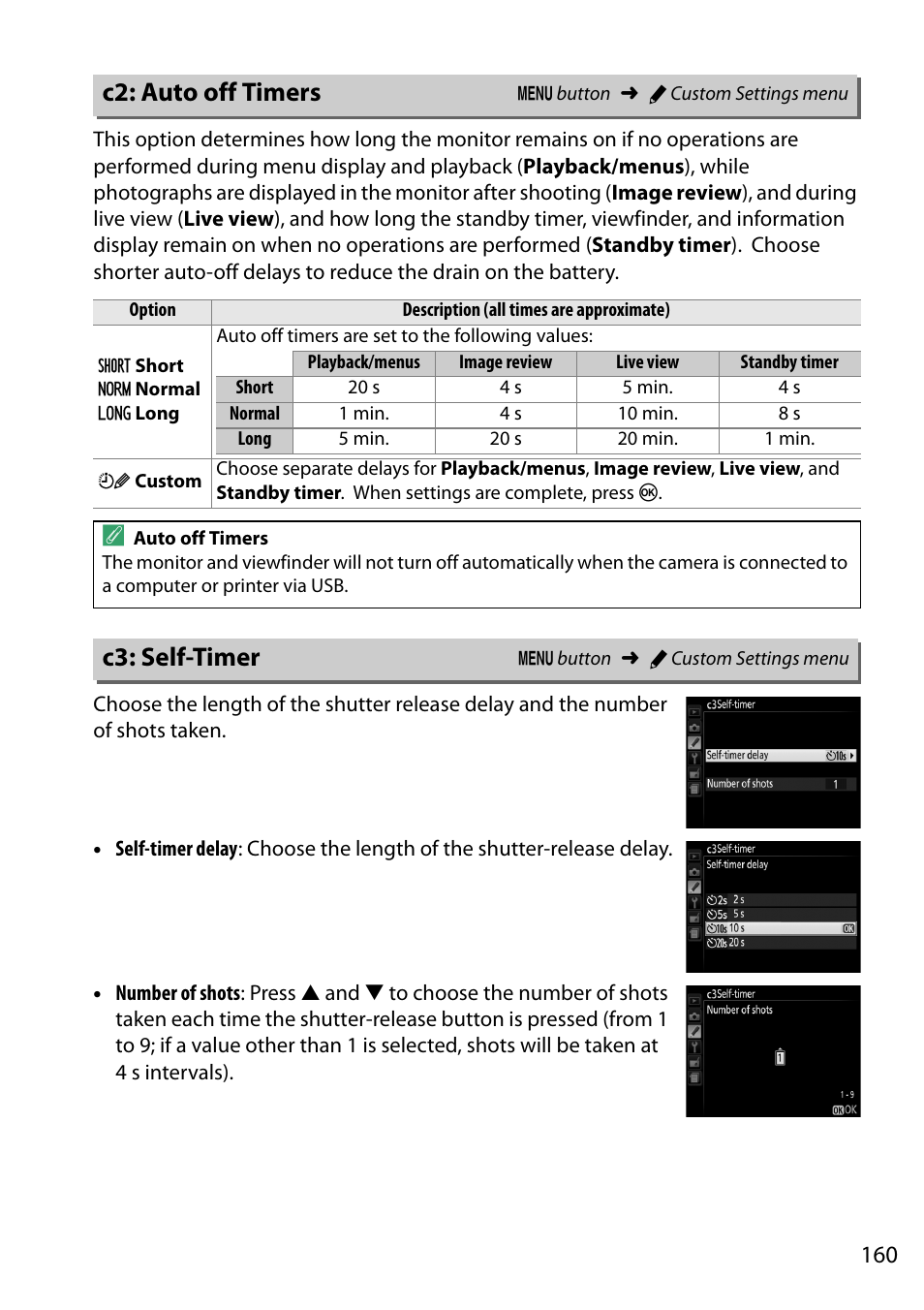 C2: auto off timers, C3: self-timer, C2: auto off timers c3: self-timer | Nikon D5200 User Manual | Page 177 / 264