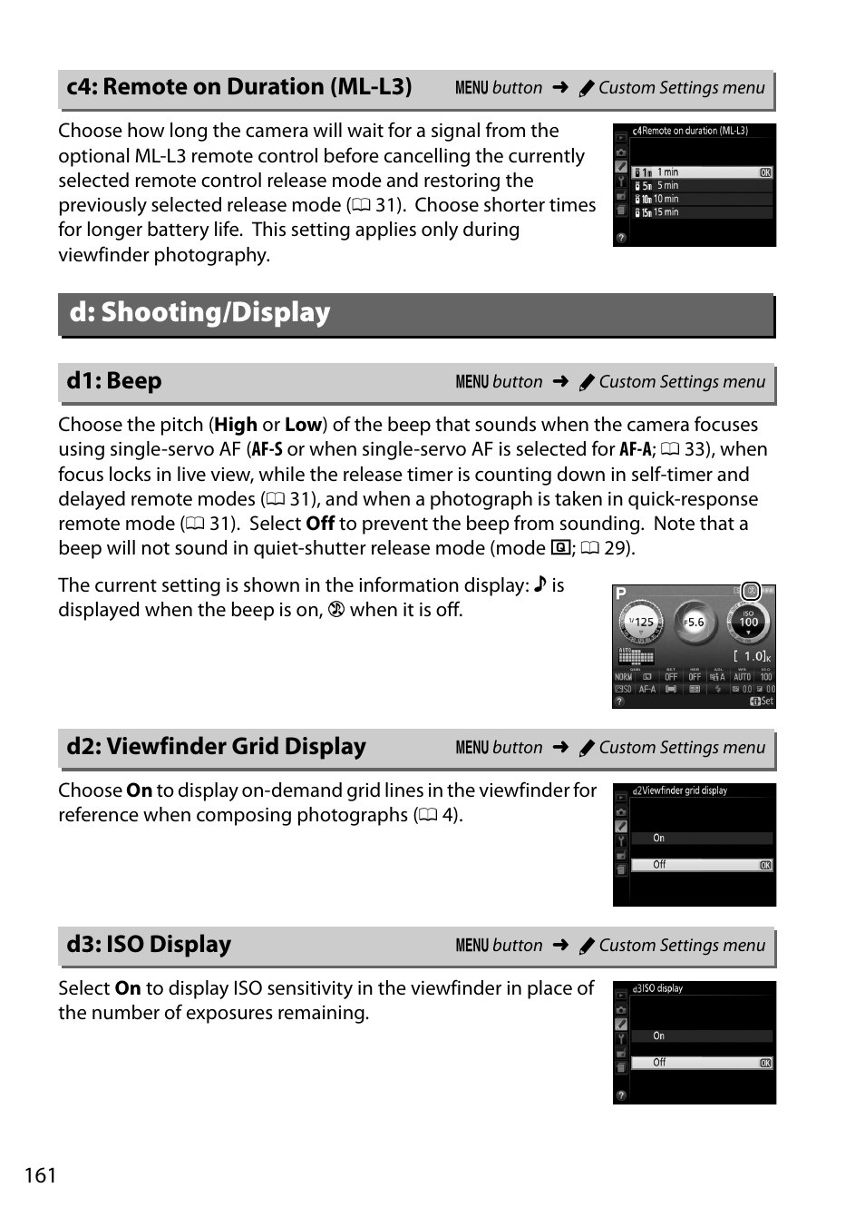 C4: remote on duration (ml-l3), D: shooting/display, D1: beep | D2: viewfinder grid display, D3: iso display | Nikon D5200 User Manual | Page 178 / 264