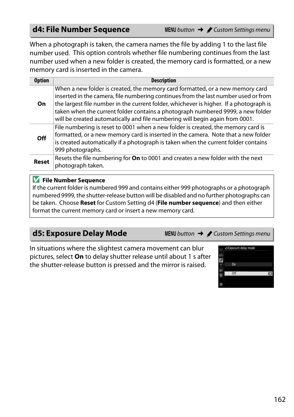 D4: file number sequence, D5: exposure delay mode, D4: file number sequence d5: exposure delay mode | Nikon D5200 User Manual | Page 179 / 264