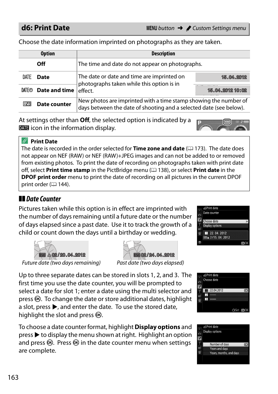 D6: print date, Date counter | Nikon D5200 User Manual | Page 180 / 264