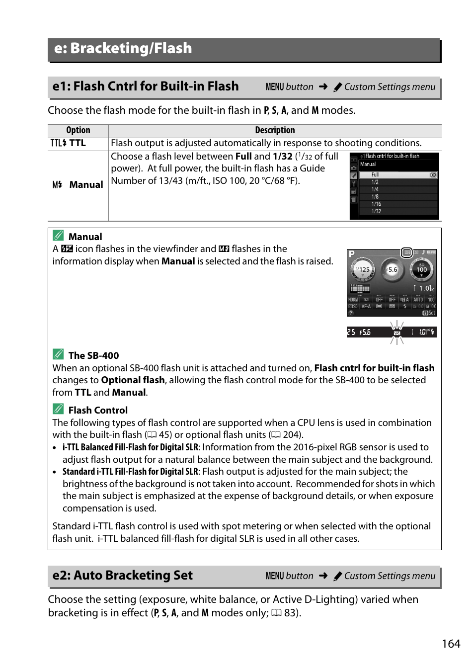 E: bracketing/flash, E1: flash cntrl for built-in flash, E2: auto bracketing set | Nikon D5200 User Manual | Page 181 / 264