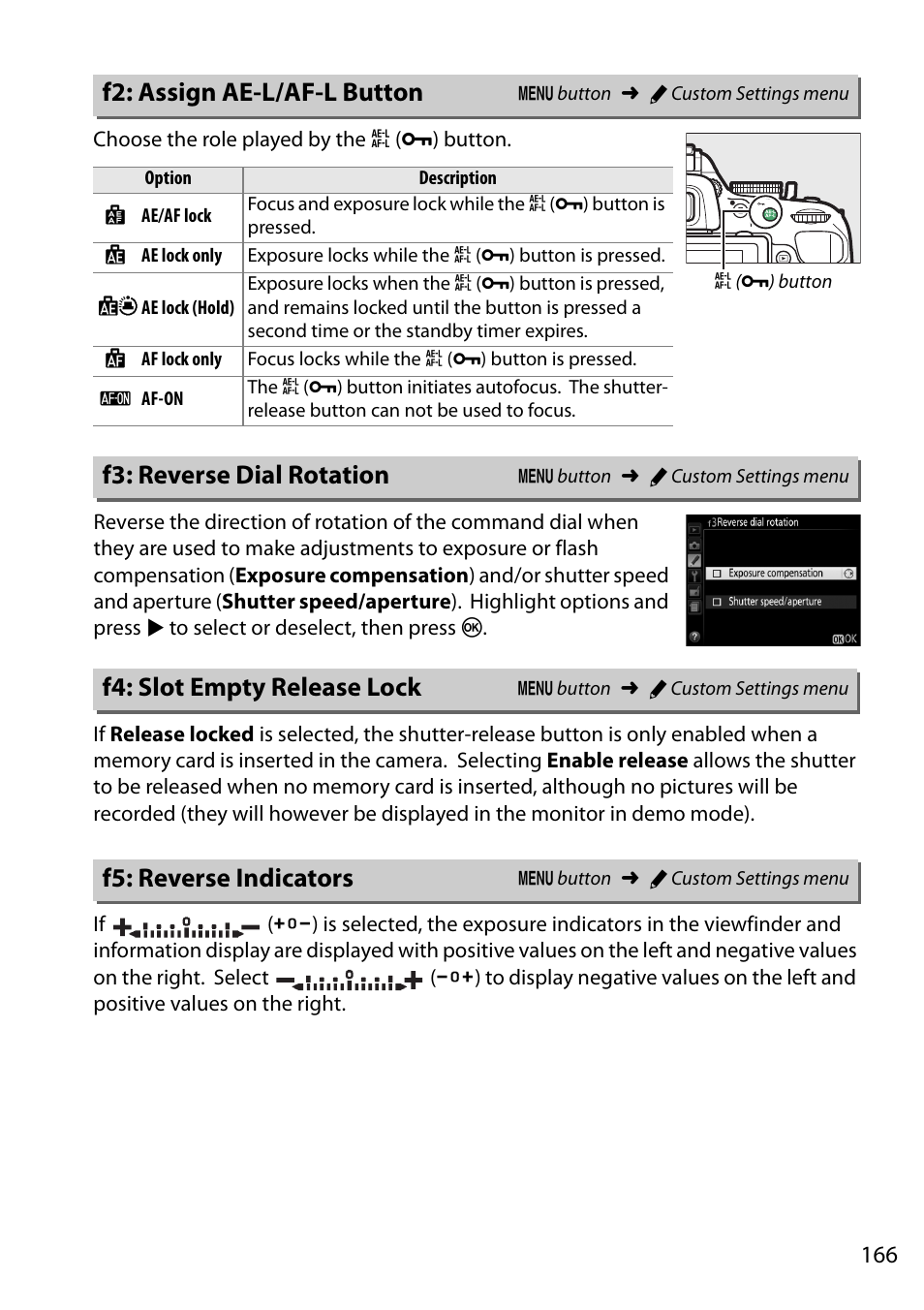 F2: assign ae-l/af-l button, F3: reverse dial rotation, F4: slot empty release lock | F5: reverse indicators | Nikon D5200 User Manual | Page 183 / 264