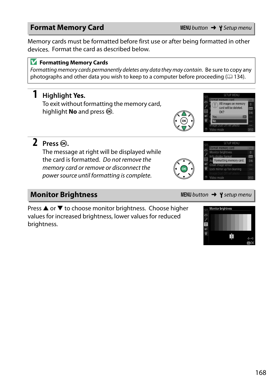 Format memory card, Monitor brightness, Format memory card monitor brightness | Nikon D5200 User Manual | Page 185 / 264