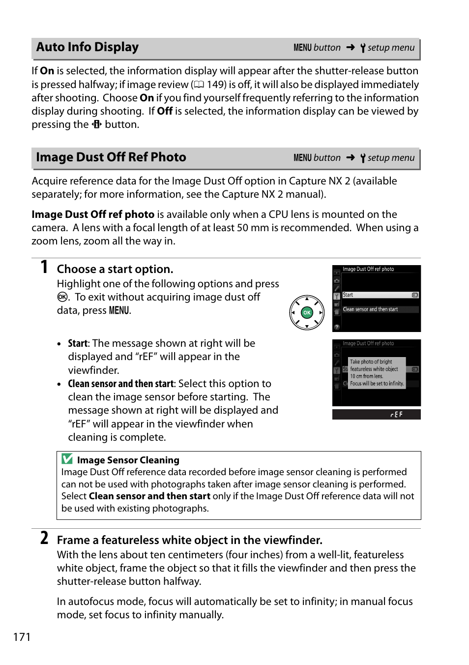 Auto info display, Image dust off ref photo, Auto info display image dust off ref photo | Nikon D5200 User Manual | Page 188 / 264