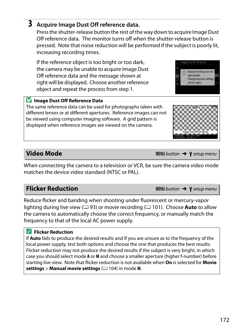 Video mode, Flicker reduction, Video mode flicker reduction | 0 172), although, 0 172) mat | Nikon D5200 User Manual | Page 189 / 264