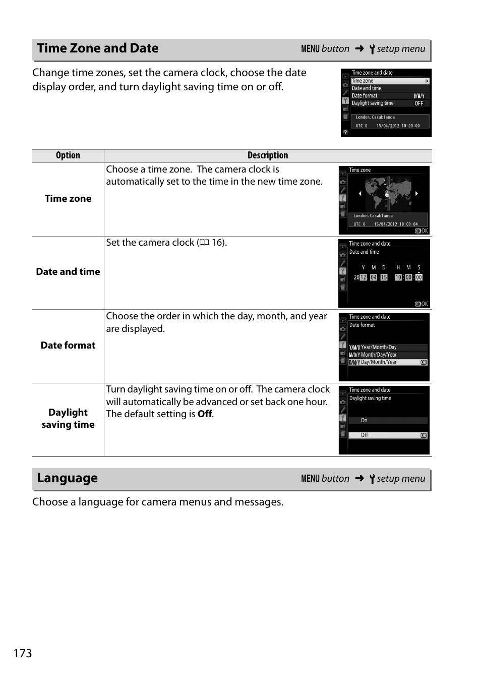 Time zone and date, Language, Time zone and date language | Nikon D5200 User Manual | Page 190 / 264