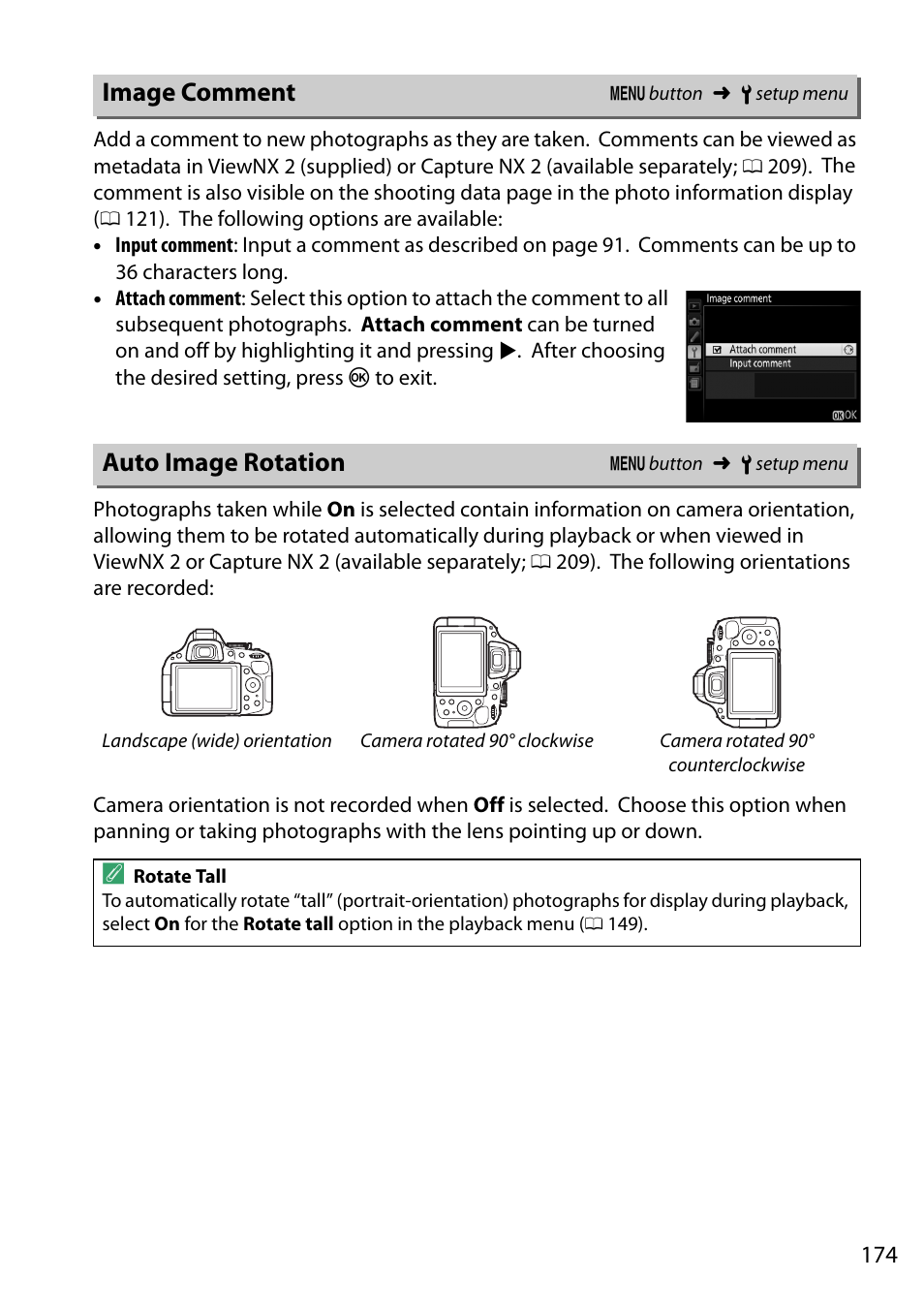 Image comment, Auto image rotation, Image comment auto image rotation | Nikon D5200 User Manual | Page 191 / 264