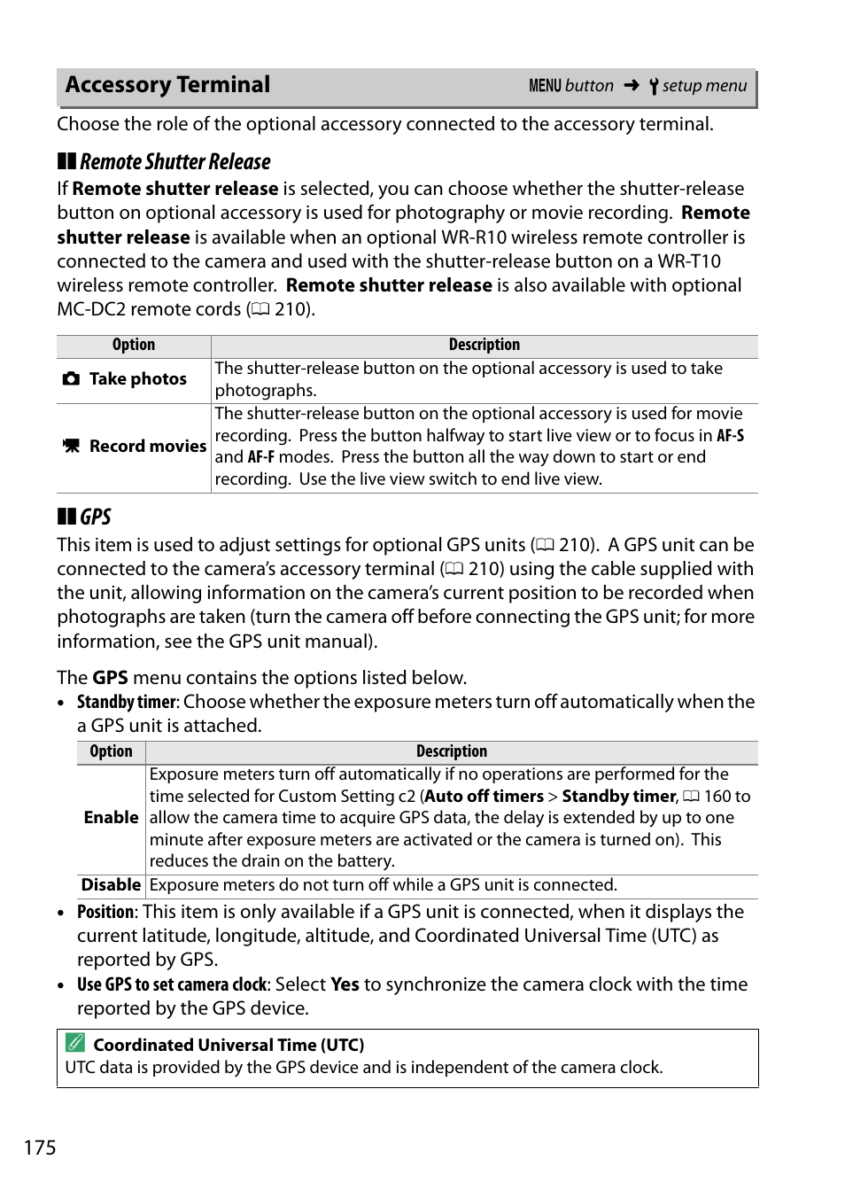 Accessory terminal, Remote shutter release | Nikon D5200 User Manual | Page 192 / 264